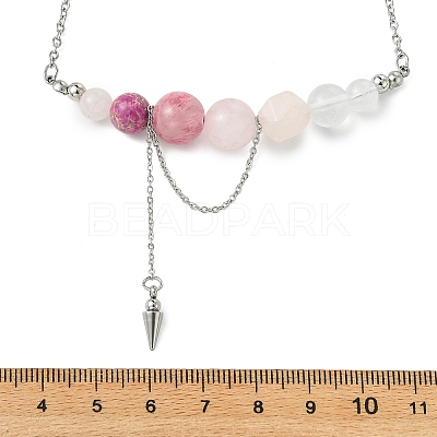 Natural  Rose Quartz & Dyed Imperial Jasper & Quartz Crystal & Green Jade Round Graduated Beaded Pendant 304 Stainless Steel Cable Chain Necklaces for Women NJEW-TA00242-04-1