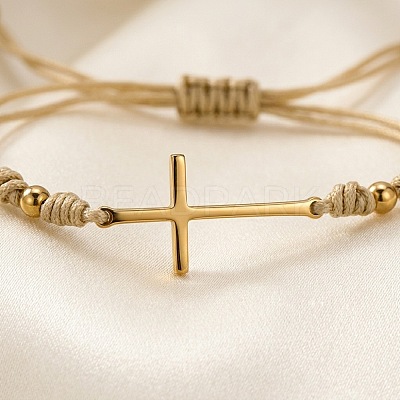Adjustable 304 Stainless Steel Sideways Cross Link Handmade Braided Cord Bracelets with Brass Beads for Men Women HK4734-1