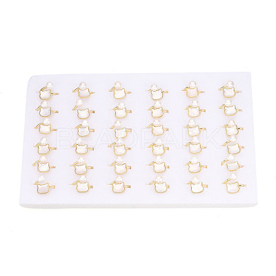 Brass & Natural Pearls Adjustable Open Cuff Rings for Women PEAR-N020-07J-1