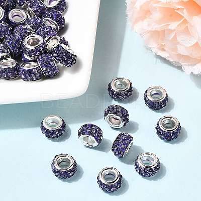 Polymer Clay Rhinestone European Large Hole Beads with Silver Color Plated Brass Cores FPDL-R002-07-1