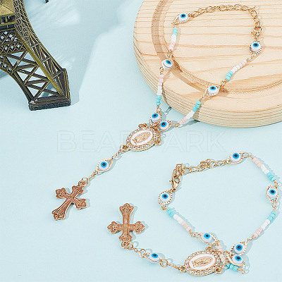 2Pcs Alloy & Brass Cross Charm Bracelets Set BJEW-DR0001-04-1
