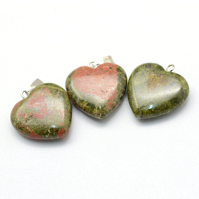 Heart Natural Unakite Pendants X-G-Q438-07-1