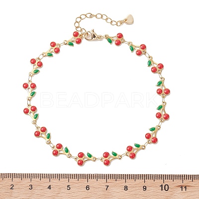 304 Stainless Steel Enamel Red Cherry Link Anklets for Women AJEW-AN00773-1