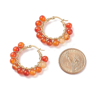 Round Natural Red Agate Wire Wrapped Big Hoop Earrings for Women EJEW-TA00048-01-1