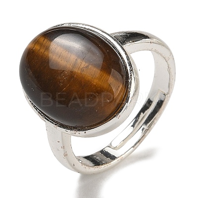 Natural Tiger Eye Oval Adjustable Rings RJEW-K371-07S-16-1