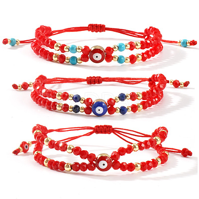 3Pcs Handmade Glass & Natural Lapis Lazuli & Synthetic Turquoise Rondelle Beaded Multi-layered Braided Bead Bracelets LO5991-1-1