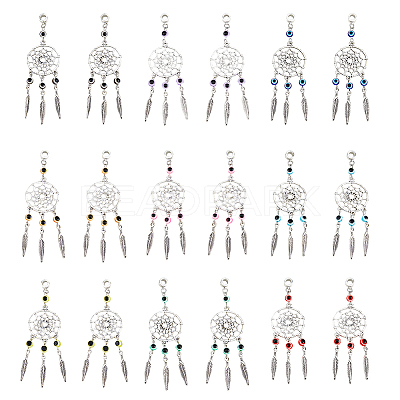 36Pcs 4 Colors Tibetan Style Alloy Woven Net/Web with Feather European Dangle Charms HJEW-AB00503-1