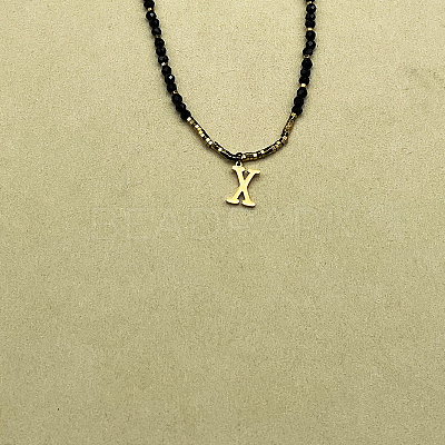 Stainless Steel Initial Pendant Faceted Round Natural Black Spinel Beaded Necklaces for Women ZD9259-24-1