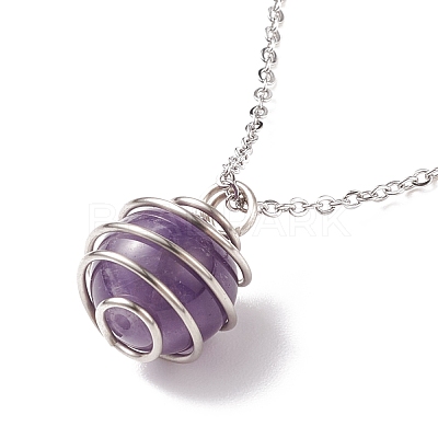 Natural Gemstone Cage Pendant Necklace with 304 Stainless Steel Cable Chains for Women X-NJEW-JN03905-01-1