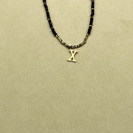 Stainless Steel Initial Pendant Faceted Round Natural Black Spinel Beaded Necklaces for Women ZD9259-24-1