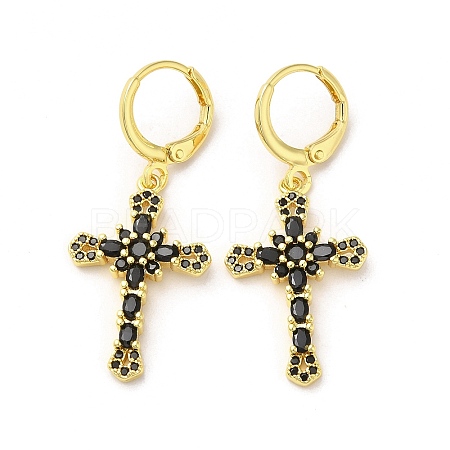 Cross Real 18K Gold Plated Brass Dangle Leverback Earrings EJEW-L268-036G-02-1