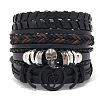 4Pcs 4 Styles Wood Beads Stretch Braceletas & Alloy Artificial Leather Cord Bracelet Sets for Men FS-WG9743B-01-1