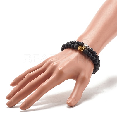 2Pcs 2 Color Natural Lava Rock & Synthetic Black Stone Stretch Bracelets Set with Buddha Head BJEW-JB07707-1