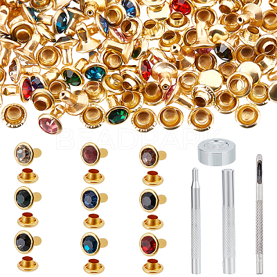 90Pcs Round Brass Semi-Tublar Rivets with Rhinestone DIY-NB0010-29-1