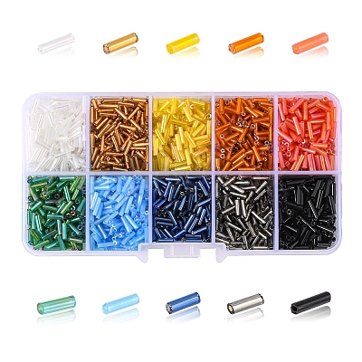 100g 10 Style Silver Lined & Transparent & Opaque Glass Bugle Beads SEED-YW0002-06-1