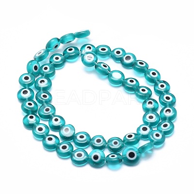 Handmade Evil Eye Lampwork Flat Round Bead Strands LAMP-L058-8mm-11-1