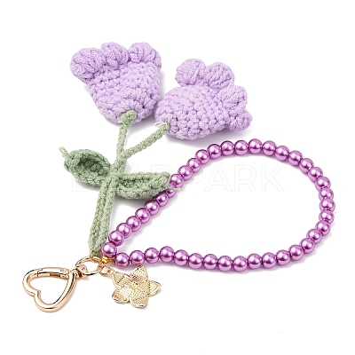 Handmade Cotton Yarn Crochet Lily of the Valley & Glass Pearl Round Bead Pendant Decorations HJEW-JM04389-01-1