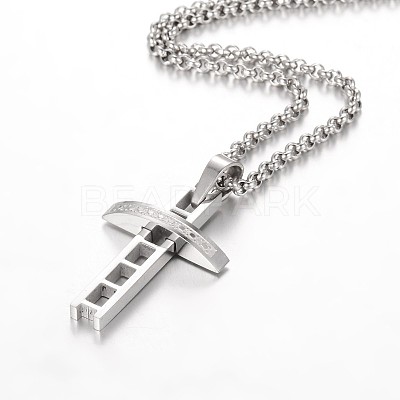 Tarnish Resistant 304 Stainless Steel Rolo Chain Cross Pendant Necklaces NJEW-JN01287-1