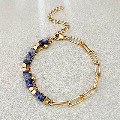Bohemian Natural Blue Spot Jasper Heishi Beads Bracelets with 304 Stainless Steel Paperclip Chains WGD41F4-01-1