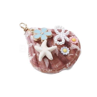 Natural Scallop Shell & Resin Flower & ABS Plastic Imitation Pearl Bowknot Pendants PALLOY-JF03891-1