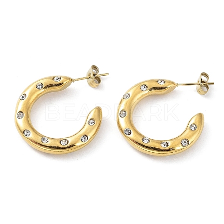 Real 18K Gold Plated 304 Stainless Steel Ring Stud Earrings with Rhinestone EJEW-L267-003G-01-1