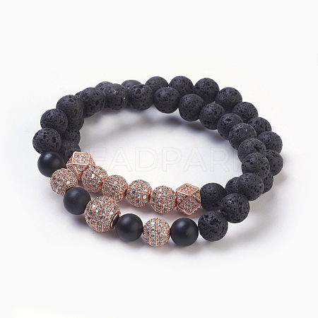 Natural Lava Rock Beads Stretch Bracelets Sets BJEW-JB03902-02-1