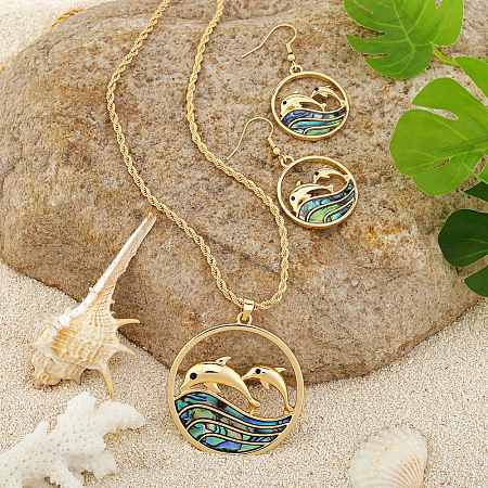 Alloy & Natural Abalone/Paua Shell Pendant Necklaces & Dangle Earrings Sets WGD5CF5-09-1