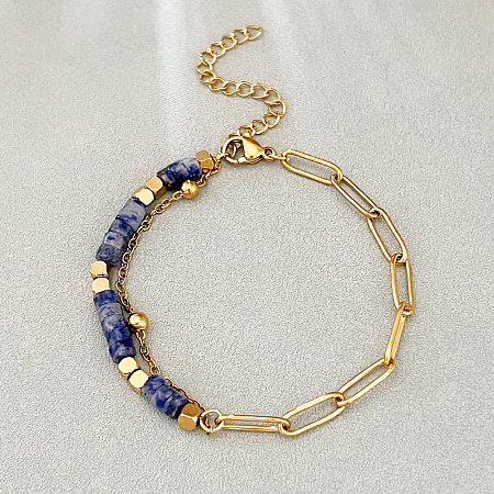 Bohemian Natural Blue Spot Jasper Heishi Beads Bracelets with 304 Stainless Steel Paperclip Chains WGD41F4-01-1