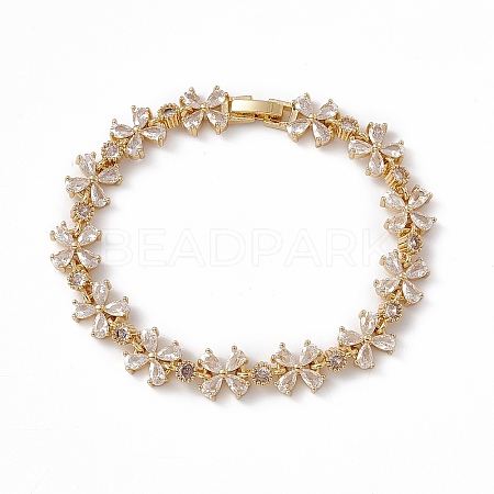 Clear Cubic Zirconia Flower Link Chain Bracelet BJEW-F437-01G-1