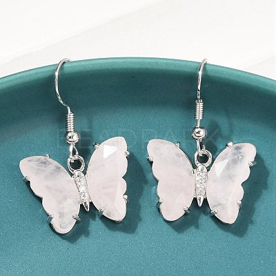Natural Rose Quartz Brass Dangle Earrings EJEW-M081-01P-02-1