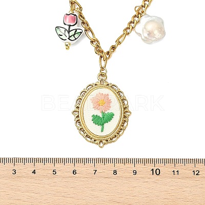 304 Stainless Steel Cloth Oval Embroidered Floral & Flower atural Keshi Pearl & Handmade Porcelain Glazed Hand Painted Tulip Flower Multi-Pendant Necklaces for Women NJEW-JN06354-1