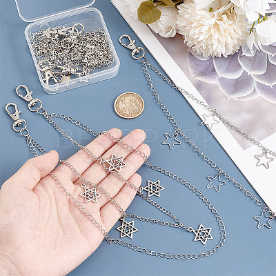4Pcs 4 Styles Brass & 304 Stainless Steel Double Layer Chains for Jeans Pants with Alloy Star Charms AJEW-GO00009-1