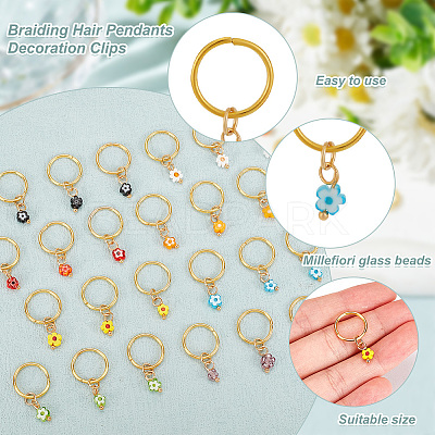 24Pcs 8 Colors Handmade Millefiori Glass & Iron Braiding Hair Pendants Decoration Clips OHAR-AB00009-1