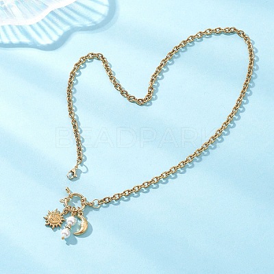 Round White Shell Pearl & 304 Stainless Steel Sun Moon Pendant Necklaces NJEW-JN05649-1