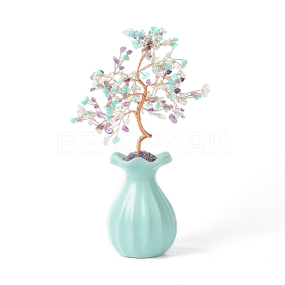 Natural & Synthetic Gemstone Chips with Brass Wrapped Wire Money Tree on Ceramic Vase Display Decorations DJEW-B007-01C-1