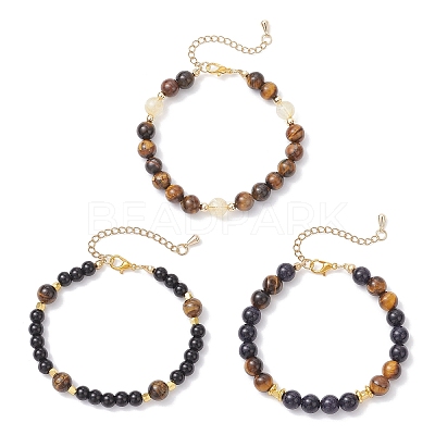 3Pcs Round Natural Tiger Eye & Citrine & Synthetic Blue Goldstone & Glass Pearl Beaded Bracelets for Women BJEW-JB12239-1