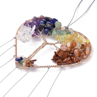 Brass Wire Wrapped Chakra Natural Gemstone Chips Hanging Ornaments AJEW-B028-01G-03-1