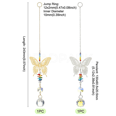 2Pcs 2 Colors 201 Stainless Steel Butterfly Shape & Rainbow Crystal Glass Hanging Suncatcher HJEW-TA00445-1