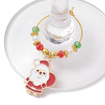 Christmas Theme Electroplate Glass Beads & Alloy Enamel Wine Glass Charms AJEW-JO00256-1