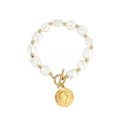 Natural Pearl Rectangle & Flat Round Beaded Bracelet with Stainless Steel Coin Charms SX4591-2-1