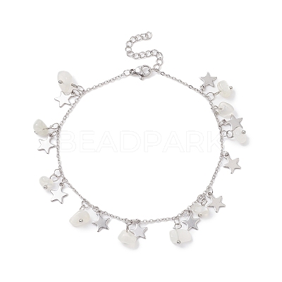 Natural White Moonstone Chips & Star Charms Anklet AJEW-AN00512-02-1
