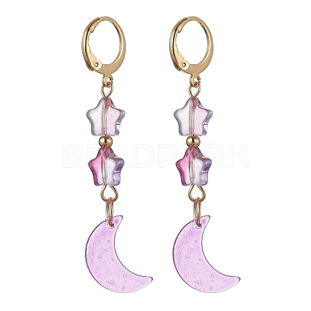 Moon & Star Glass Dangle Leverback Earrings with 304 Stainless Steel Pins EJEW-JE05605-03-1