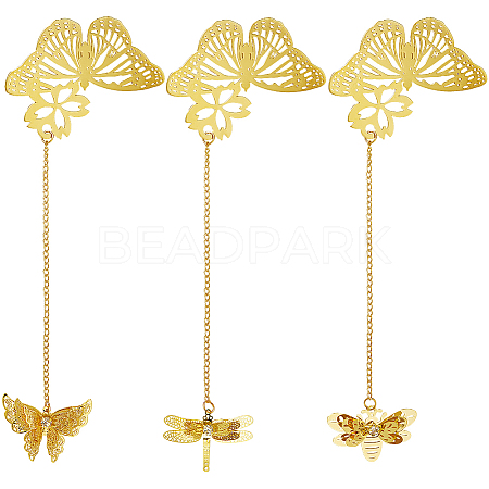 3Pcs 3 Styles Butterfly & Butterfly & Dragonfly Filigree Brass Bookmark with Chains AJEW-SC0002-93G-1