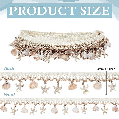 Polyester with Resin Shell Shape & Starfish Charm Lace Ribbon OCOR-WH0078-398-1-1