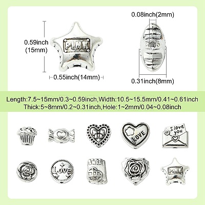60Pcs 10 Styles Valentine's Day Theme Tibetan Style Alloy Beads TIBEB-CJ0001-38-1