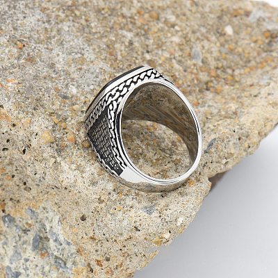 304 Stainless Steel with Natural Black Agate Finger Rings FS-WG67565-05-1