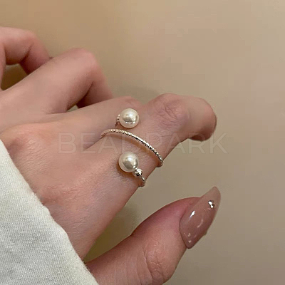 Alloy with Plastic Pearl Round Bead Adjustable Cuff Open Rings for Women FS-WGFAAAF-01-1