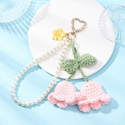 Handmade Cotton Yarn Crochet Lily of the Valley & Glass Pearl Round Bead Pendant Decorations HJEW-JM04389-03-1