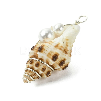 Natural Scallop Shell & Round Shell Pearl Pendants PALLOY-TA00197-01-1