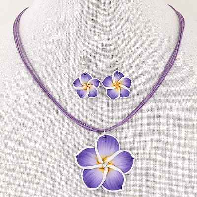 Flower Polymer Clay with Wax Cord Pendant Necklaces & Dangle Earrings Sets FS-WG2CAA9-03-1